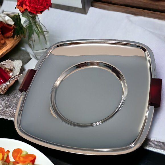 MCM Glo Hill Gourmates Vintage Chrome Bakelite Footed Chrome Serving Tray - Picture 1 of 5